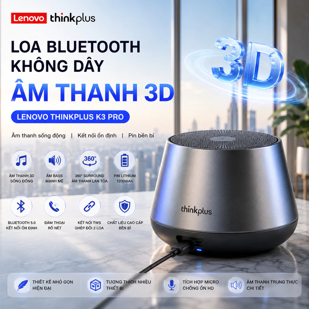 Loa Bluetooth Không Dây Âm Thanh 3D Lenovo Thinkplus  K30  / K3 Pro  hàng chính hãng