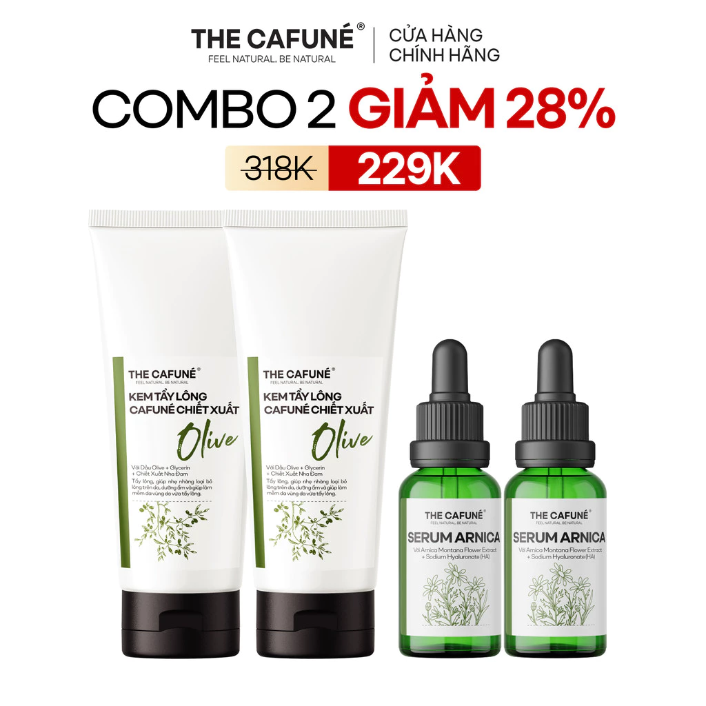 [COMBO GIẢM 32%] Combo 2 Kem Tẩy Lông Cafuné Chiết Xuất Olive 100g Và 2 Serum Dưỡng Da Sau Tẩy Arnica 19ml