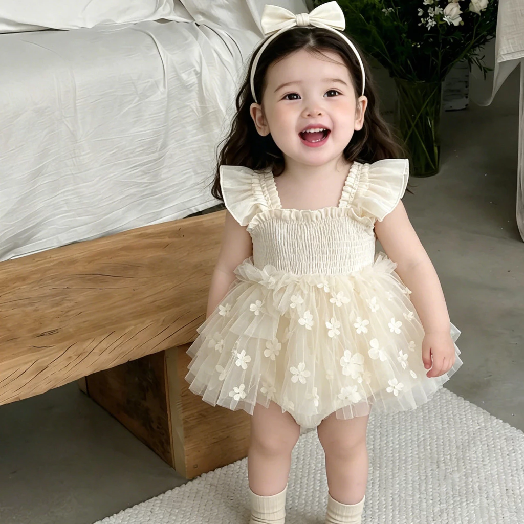 Áo liền quần lưới họa tiết hoa mùa hè với băng đô nơ dễ thương Quần áo trẻ em 0-2 tuổi
