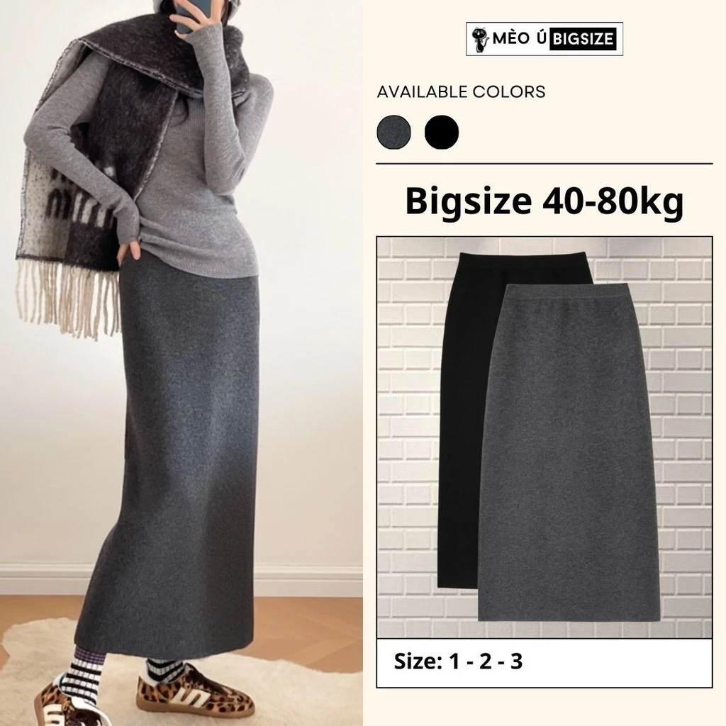 Chân váy nỉ len nữ BIGSIZE Mèo Ú chân váy cạp chun dáng dài xẻ tà sau phong cách Hàn Quốc 510