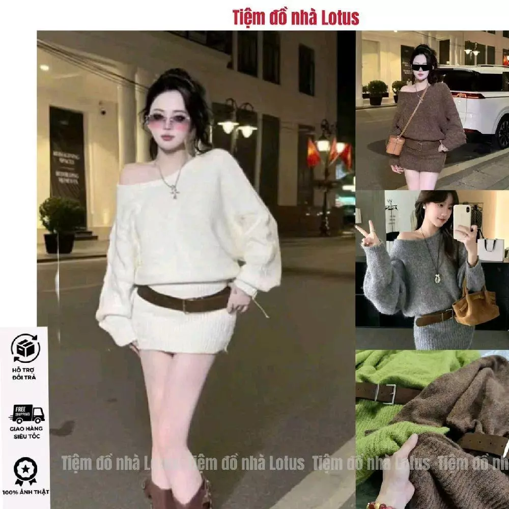 [Kèm Nịt] Đầm Len Nữ Ngắn A110 - Màu Trơn Tay Dài Lệch Vai Hack Dáng (Tiệm đồ nhà Lotus)