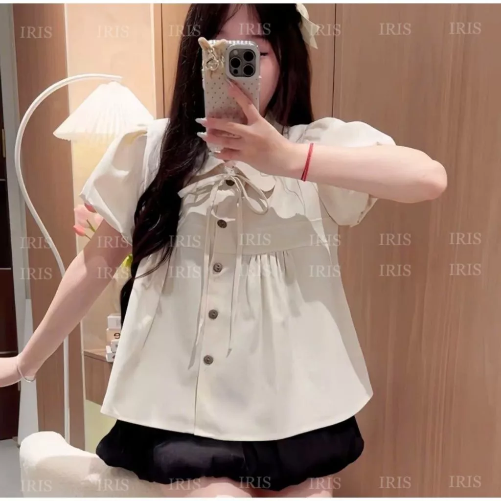 Áo Babydoll Cúc Nâu Thắt Nơ Xinh Áo Sơ Mi Cổ Sen Tiểu Thư Phong Cách Hàn Quốc Hot Trend Form Rộng Dễ Mặc Style Ulzzang