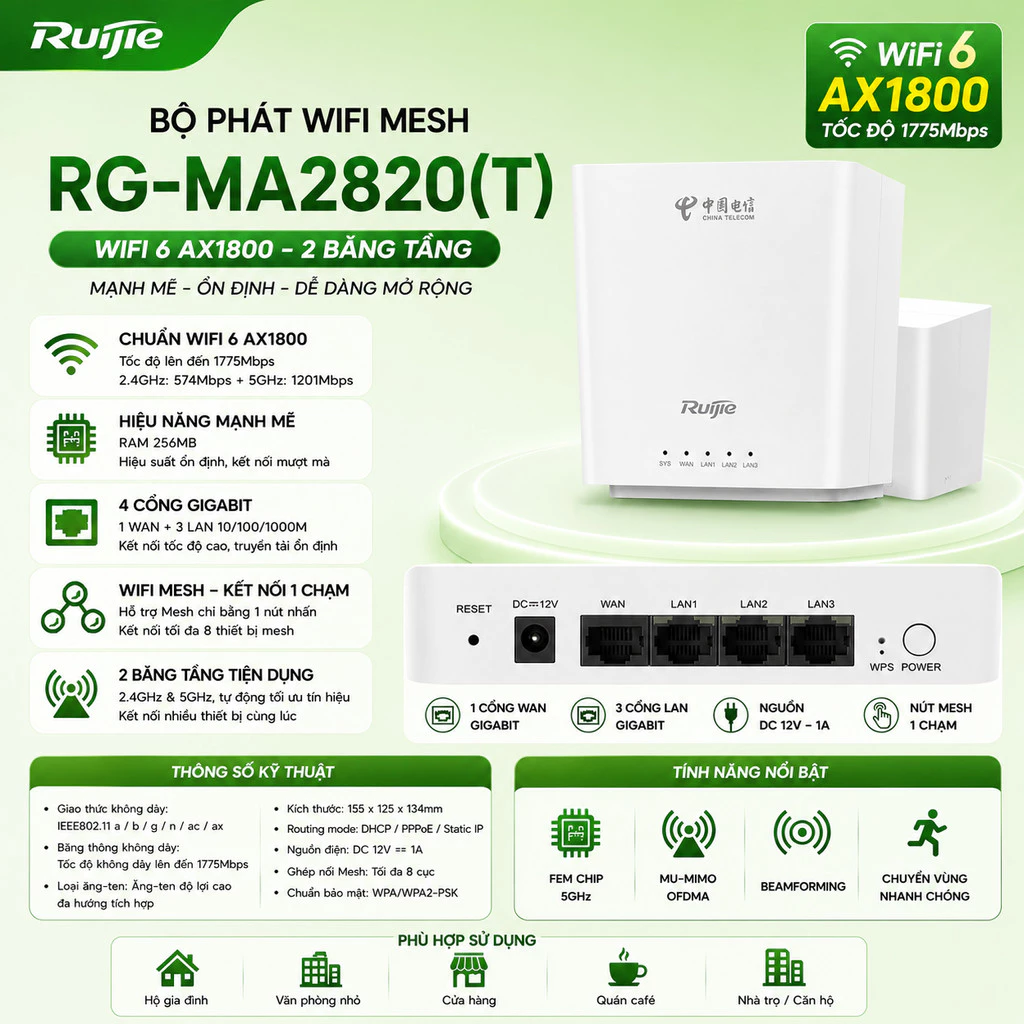 [Wifi Mesh]  Bộ phát wifi Ruijie RG-MA2820(T), AX1800 , wifi mesh, 2 băng tầng tiện dụng