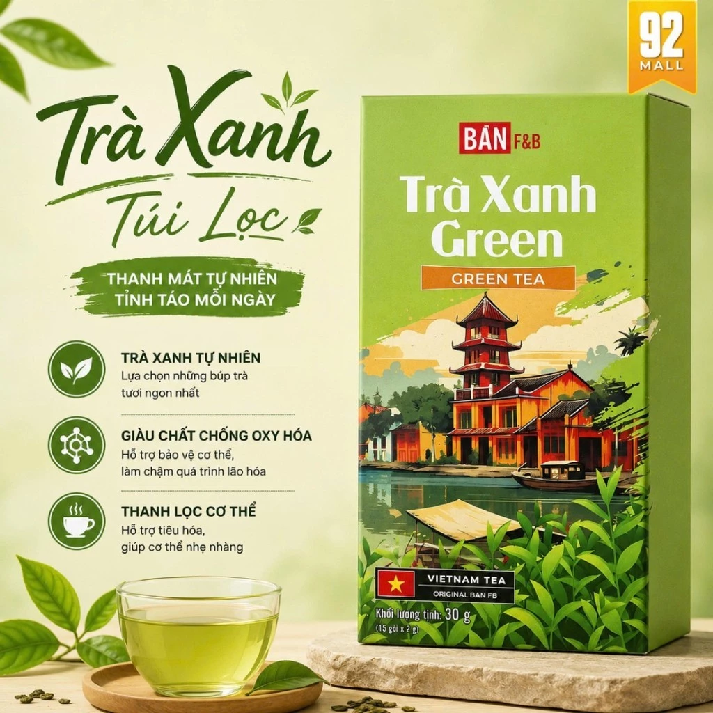 Trà Xanh Green Tea Túi Lọc Bản F&B Hộp 15 Gói Đậm Vị Tự Nhiên Sản Xuất Tại Việt Nam