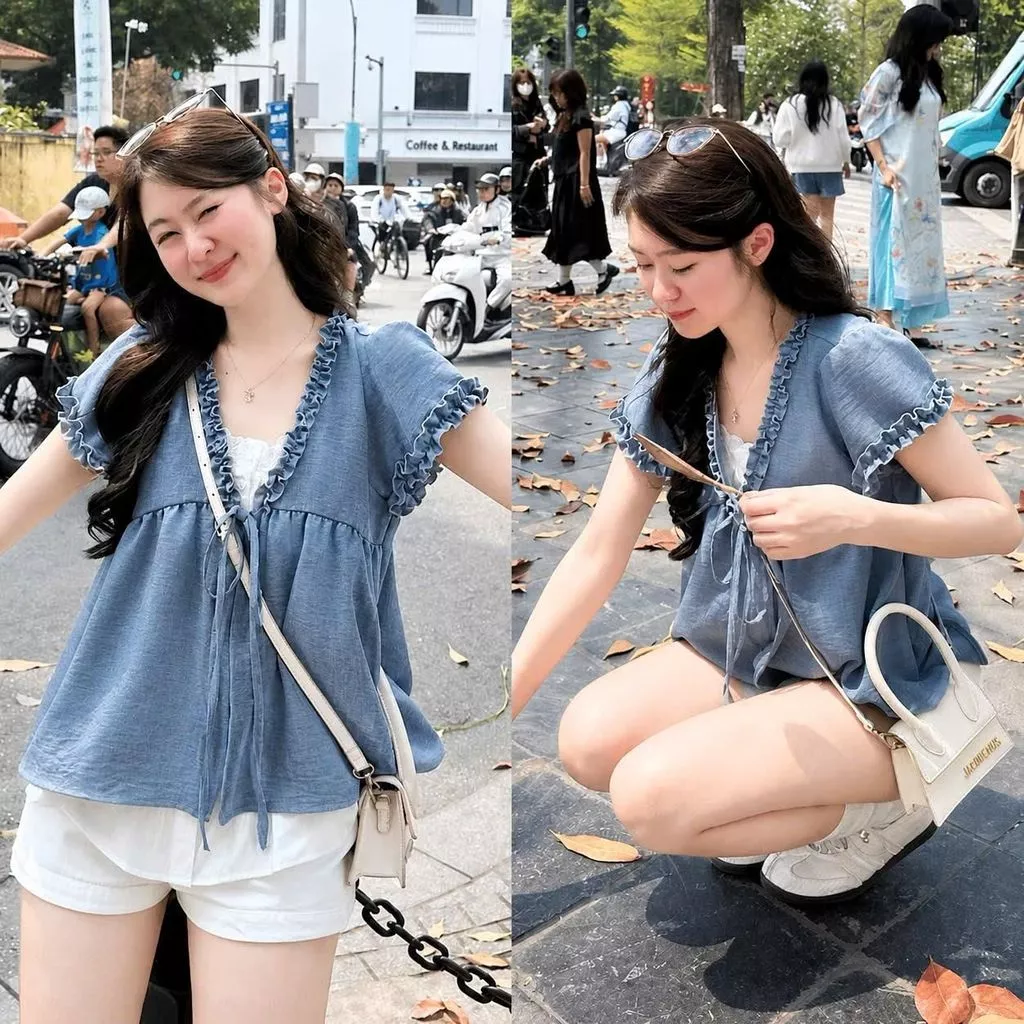 Áo babydoll mùa hè 2 lớp đũi hàn cổ V tay ngắn thắt nơ phối ren xinh xắn nhiều màu dễ mặc. HÀNG MỚI VỀ