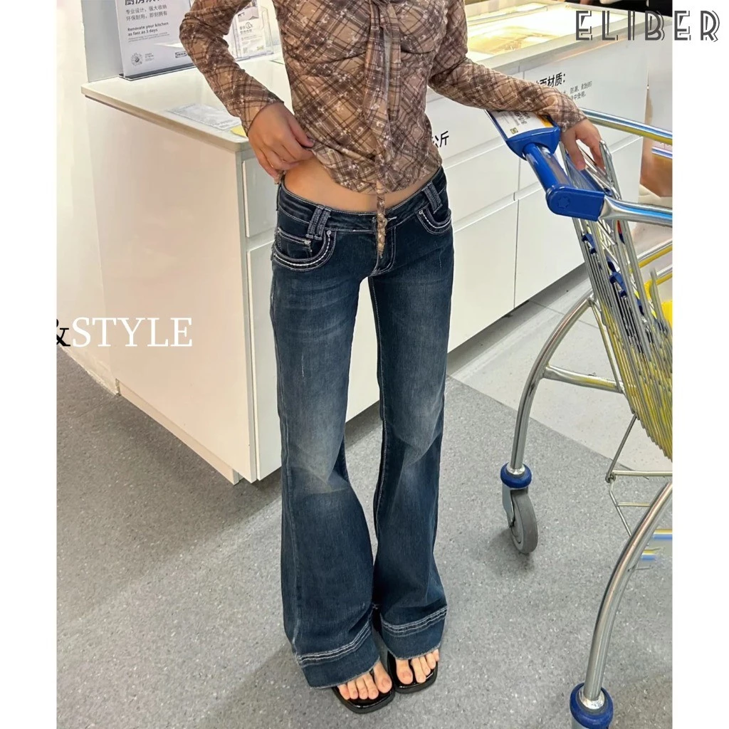 ELIBER- Quần Bò Ống Loe Cạp Thấp Kiểu Mỹ Quần Ống Loe Thiết Kế Hot Girl Màu Xanh Lam Giặt Mới Cho Nữ