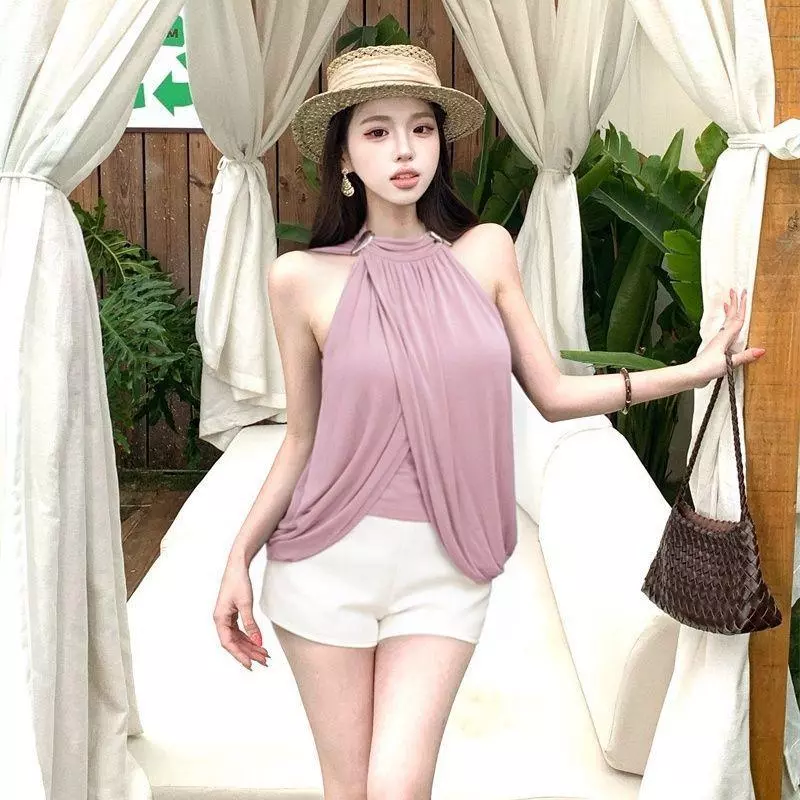 Dây Áo Vest Nữ Pháp Nút Kim Loại Áo Khoác Phong Cách Đẹp Nhấp Nháy Drape Nữ Không Tay Top