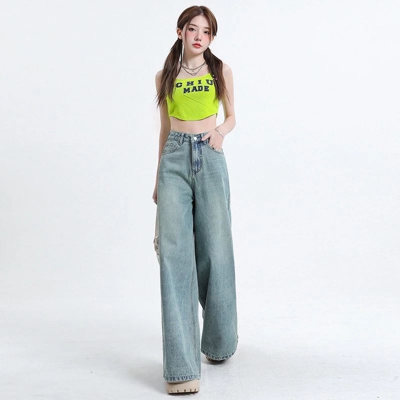Quần jean ống rộng mùa hè phong cách Hồng Kong cạp cao