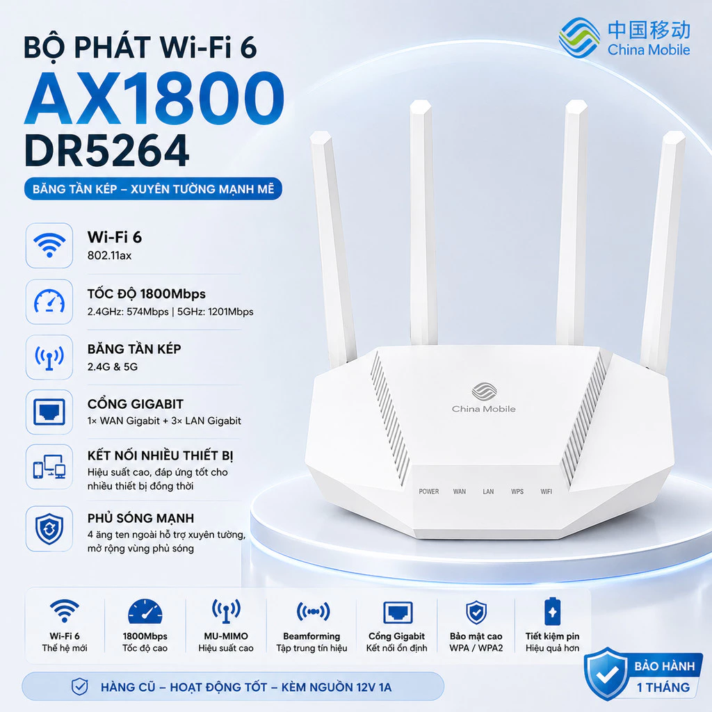 Bộ Phát WiFi 6   Dr5264  E1600 E2615 / E2603 WIFI 6 AX1800 China Mobile  Dr5264 Lõi Kép 1800M Thông Minh  Mạng 5G Xuyên