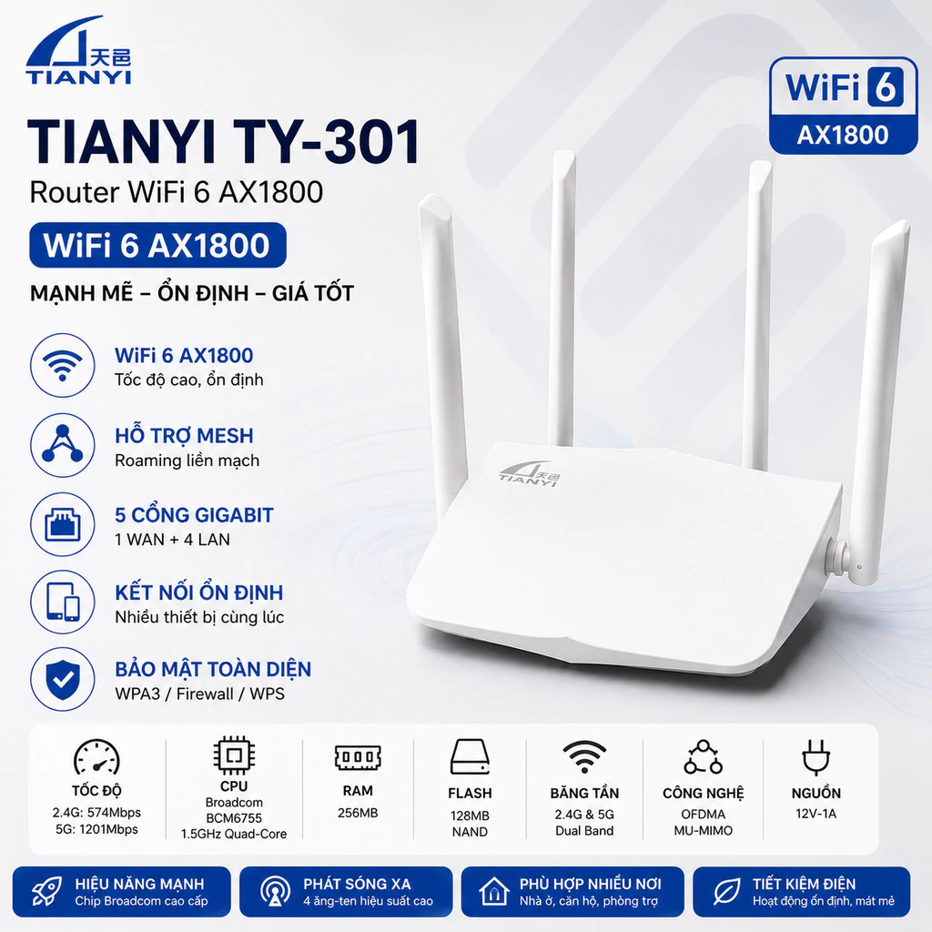 Bộ phát wifi 6 Router WiFi 6 Tianyi TY-301 AX1800 Mesh Gigabit hiệu năng mạnh mẽ, hỗ trợ Mesh, phát sóng ổn định hàng cũ
