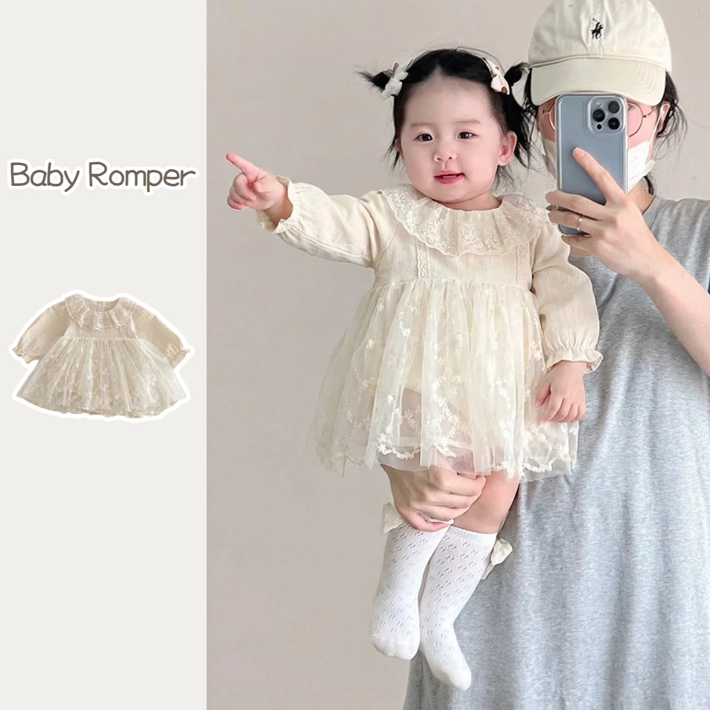 Áo liền quần cho bé mùa thu Ren cổ áo dài tay lưới Body 0-2 tuổi Quần áo trẻ em