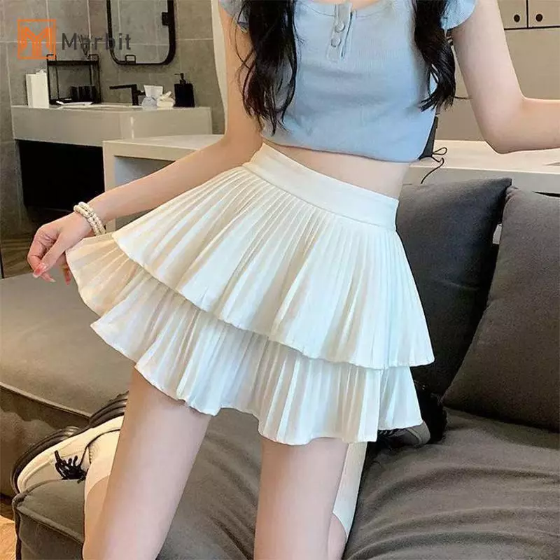 [Mar-T] Váy xếp ly lưng cao co giãn Váy bánh Mini xù hai lớp Preppy cho chuyến đi chơi dã ngoại