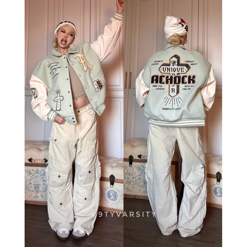 Áo khoác Varsity Bomber Jacket Achock UNIQUE tay da hoạ tiết thêu áo 2 lớp