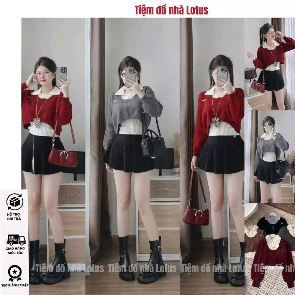 Siêu Phẩm Combo Áo Len Nữ A109 - Croptop Tay Dài Bên Ngoài Thêu Logo Đi Kèm Áo Len Cổ Đứng Đính Nút Bên Trong Cực Cuốn (