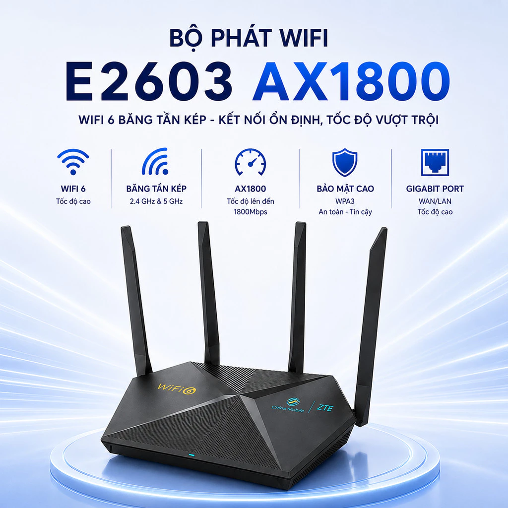 Bộ Phát Wifi6 ZTE E2615 / E2603 / E1600 E2603 chuẩn Ax1800Mbps ( Qua sử dụng )