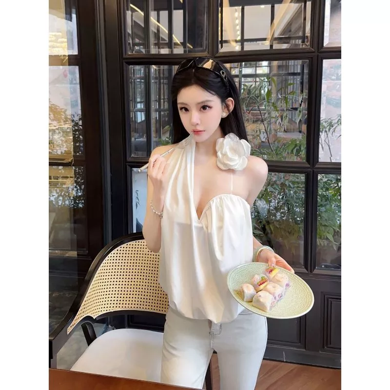 Pháp Pure Desire Dây Cổ Hoa Cổ Chữ V Dệt Kim Áo Rời Ôm Hơn Nhìn Top