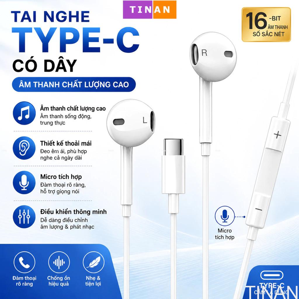 Tai Nghe Có Dây Type-C Có Micro, Âm Thanh Rõ, Điều Khiển Âm Lượng Cho Android / iPad / Laptop