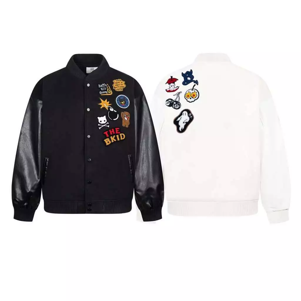 Áo Khoác The BKID Bomber Varsity Jacket Nam Nữ Unisex Nỉ Dạ Tay Da Logo Thêu 2 Lớp