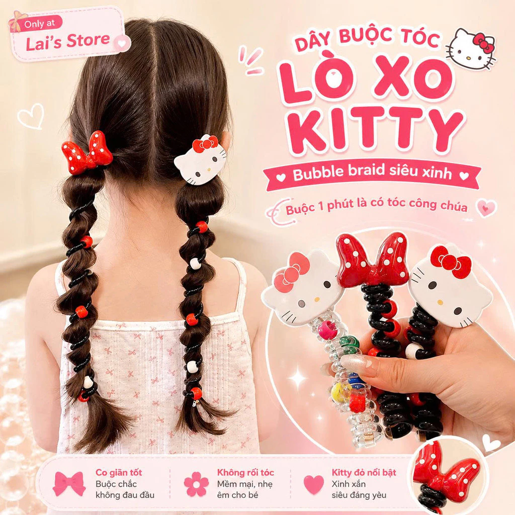 Dây Quấn Tóc Lò Xo Hello Kitty Hàn Quốc, Tạo Kiểu Tóc Bubble Braid Xinh Xắn, Phụ Kiện Tóc Kawaii
