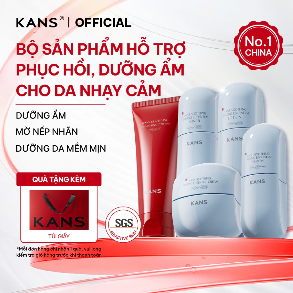 KANS Combo 5 Món Dưỡng Da Mềm Mịn Sữa Rửa Mặt - Toner - Lotion - Serum - Kem Dưỡng Phù hợp cho Da Nhạy Cảm