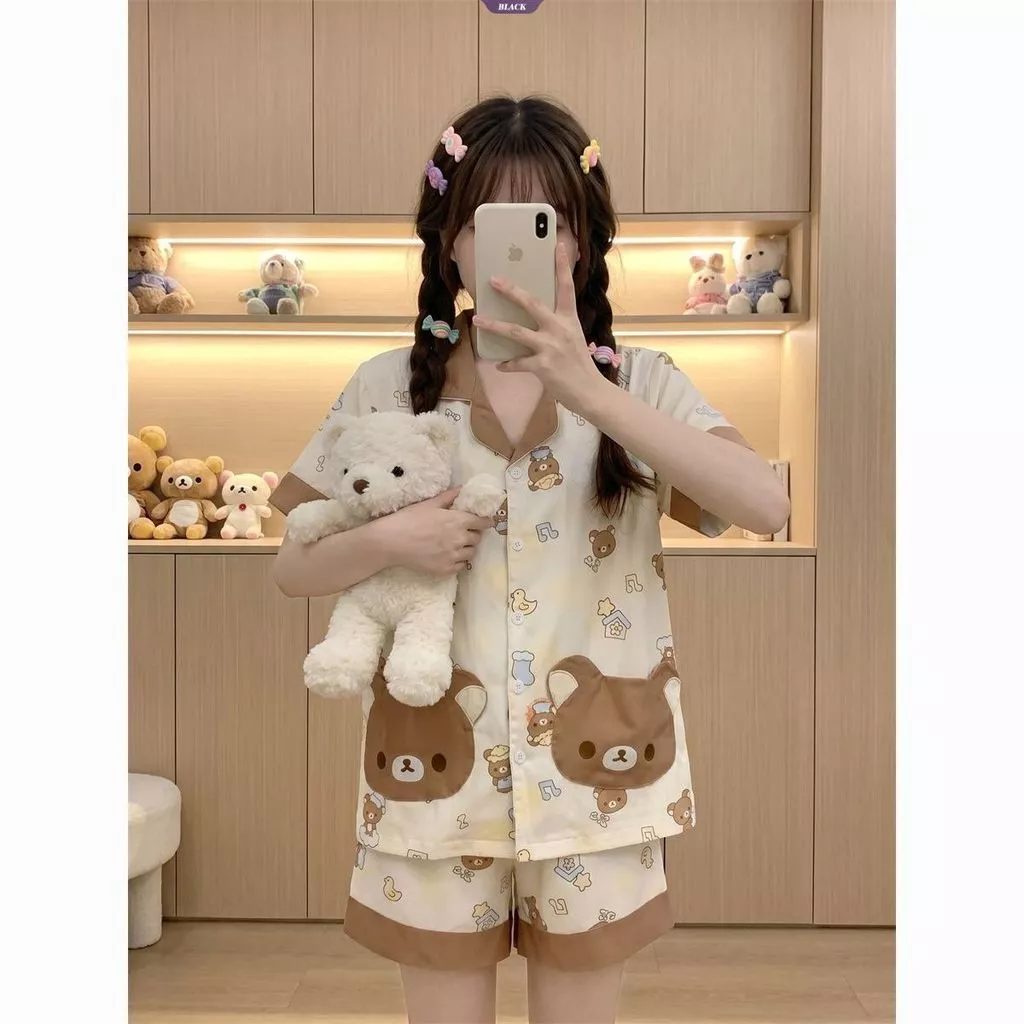 Bộ đồ ngủ Rilakkuma màu nâu dành cho nữ: Phong cách mùa hè mới — Bộ áo và quần Short ngắn tay hoạt hình dễ thương dành cho các cô gái ngọt ngào [BL]