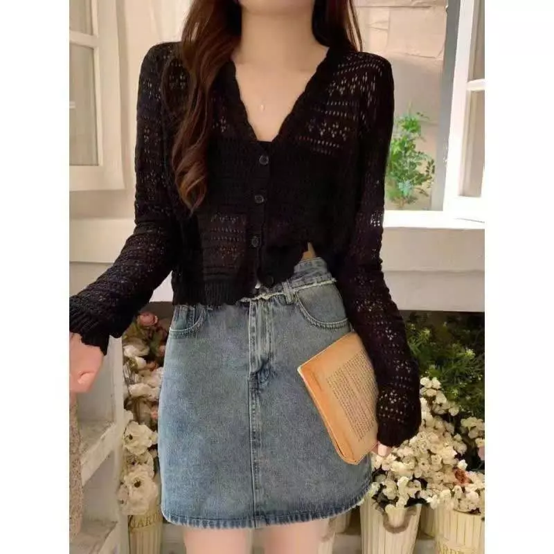 Áo Khoác Cardigan Len Mỏng Dáng Ngắn Cổ V Dệt Kim Áo Len Quảng Châu Kèm Ảnh Thật