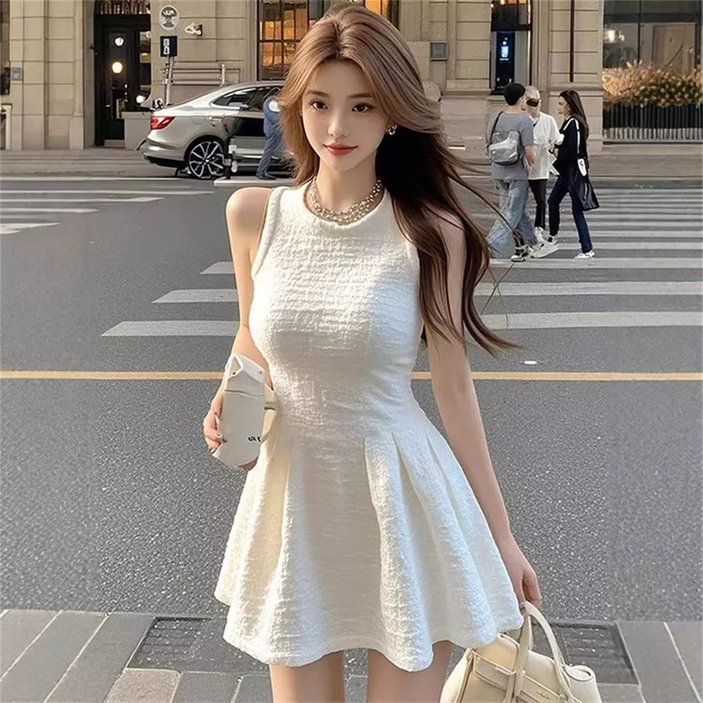 Váy cổ tròn trắng nữ, Váy chữ A tinh tế khí chất mùa hè