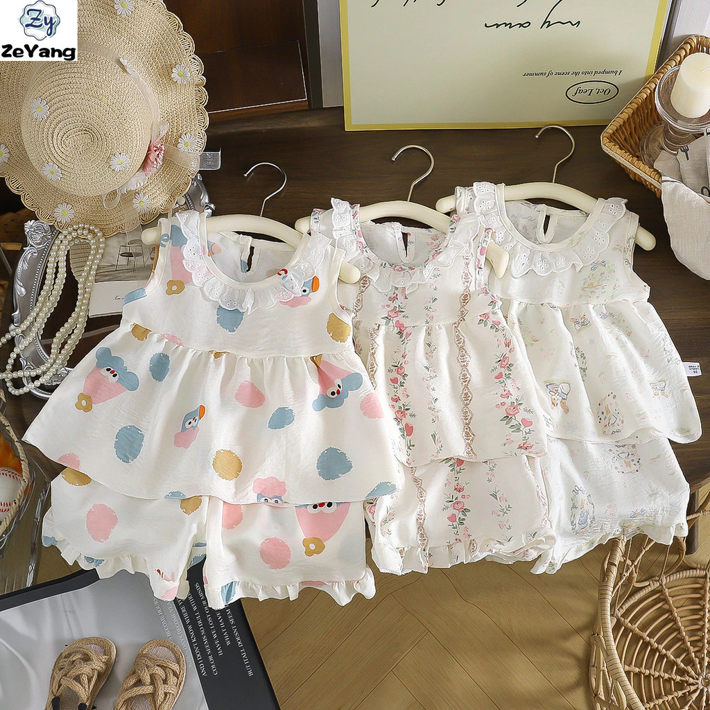[ZY] 70-150 Hàng có sẵn Bộ đồ không tay xù cho trẻ em Váy vest Bộ đồ hai mảnh dành cho nữ Bộ đồ mặc nhà thông thường Bộ đồ vest thời trang Quần áo trẻ em Vận chuyển nhanh