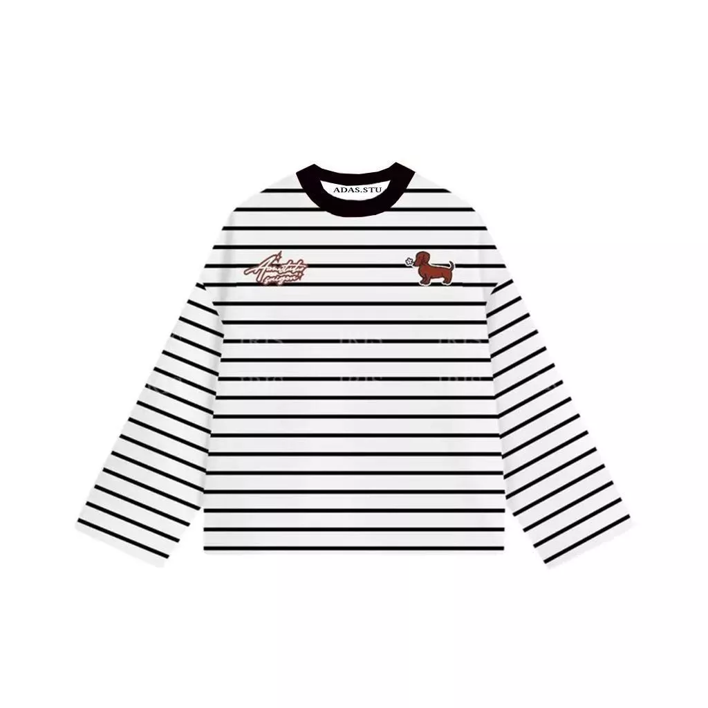 Áo Thun Tay Dài Kẻ Sọc Unisex Họa Tiết Cún Xinh, Form Rộng Boxy Long Sleeve Boxy Cổ Tròn Phong Cách Hàn