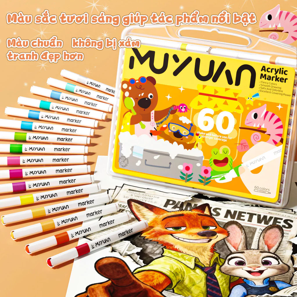 Bút Acrylic Marker 12/24/36/48/60/80 Màu Ngòi Soft Brush Dung Tích Mực Lớn Chính Hãng Vẽ Được Trên Nhiều Chất Liệu
