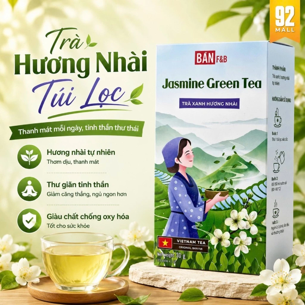 Trà Nhài Túi Lọc Bản F&B Hộp 15 Gói Đậm Vị Tự Nhiên Sản Xuất Tại Việt Nam