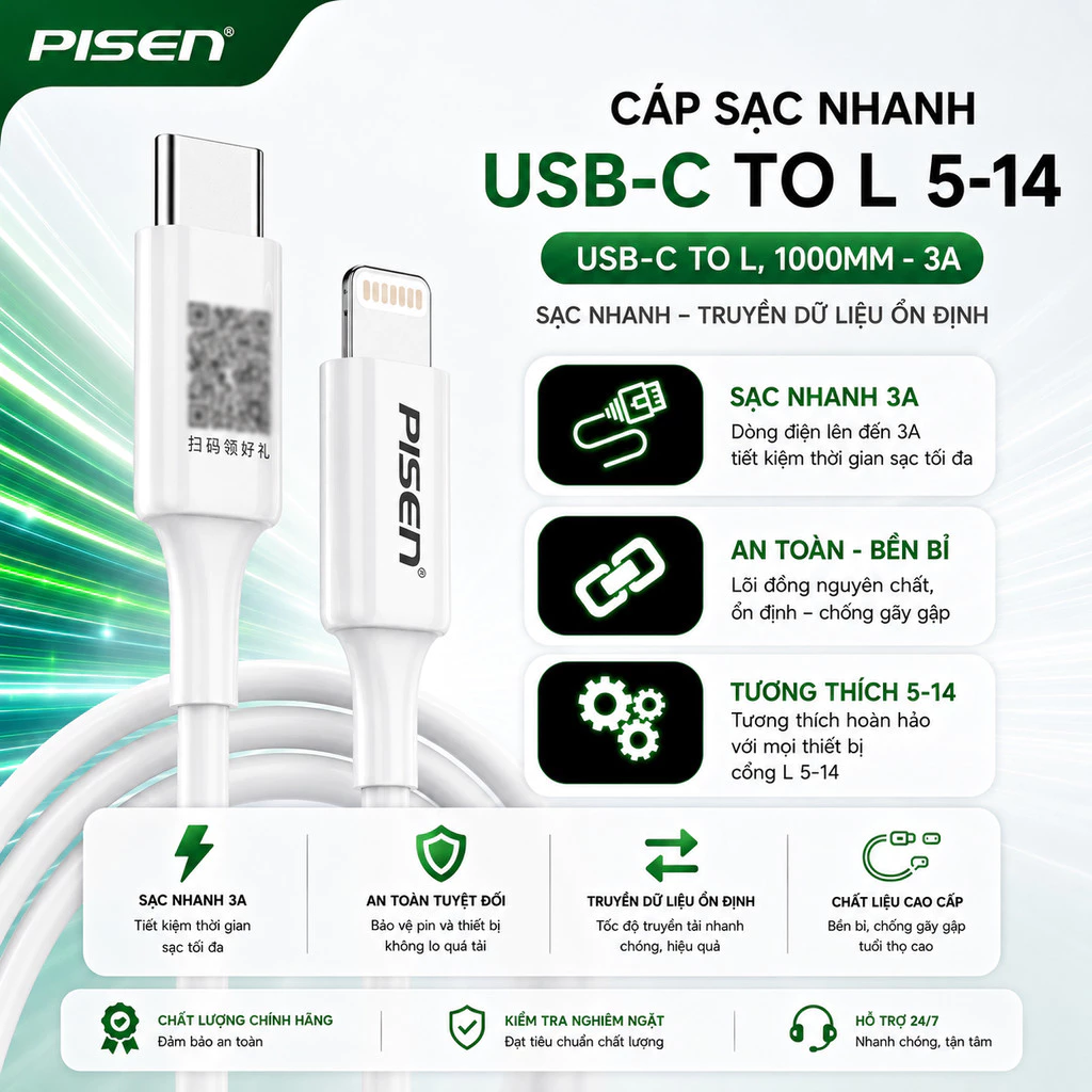 Cáp Pisen Quick Type-C to L 1m / 1,8m , sạc nhanh 3A, model: CL-PD-1000 - Hàng Chính Hãng, bảo hành 6 tháng