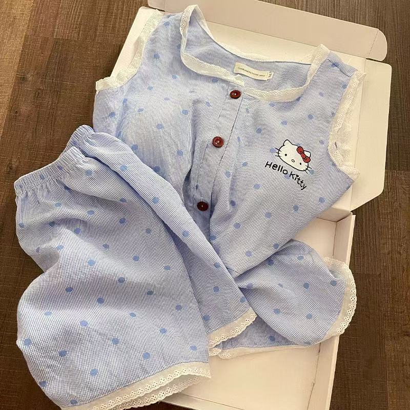 Bộ Đồ Ngủ Nữ Ren Chấm Bi Hình Mèo Kitty Có Đệm Ngực Mùa Hè Mới Dễ Thương Mặc Nhà Thoải Mái