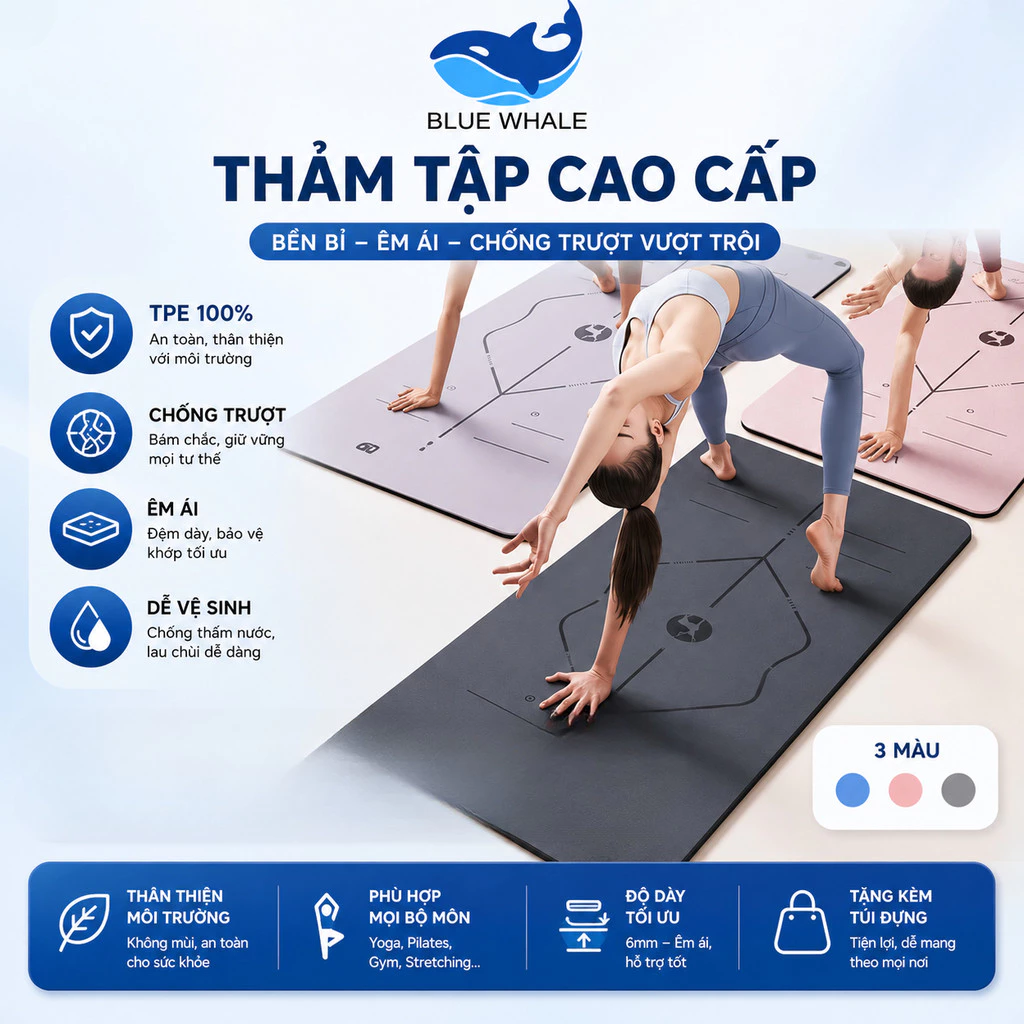 Thảm Tập Yoga & Gym TPE Dày 6-8mm – Mềm Mại, Đàn Hồi Tốt, Không Mùi