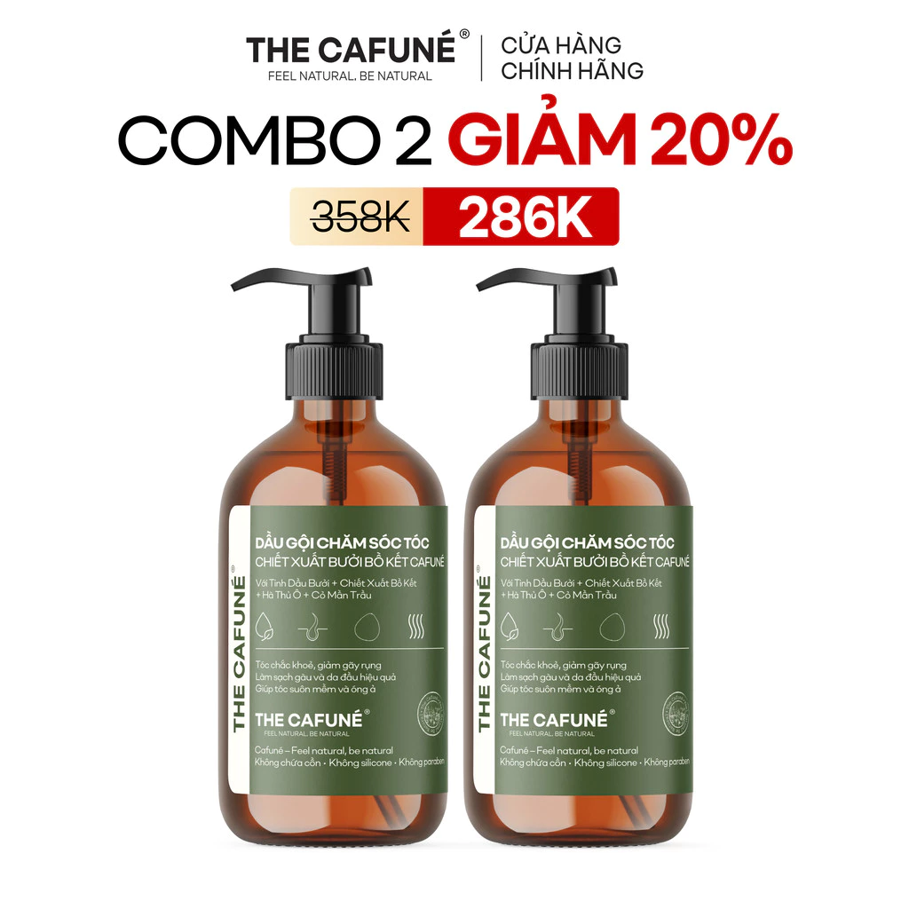 [MUA 2 GIẢM 26%] Bộ Đôi 2 Chai Dầu Gội Thảo Dược Bưởi Bồ Kết Chăm Sóc Tóc Cafuné 450ml Dưỡng Tóc