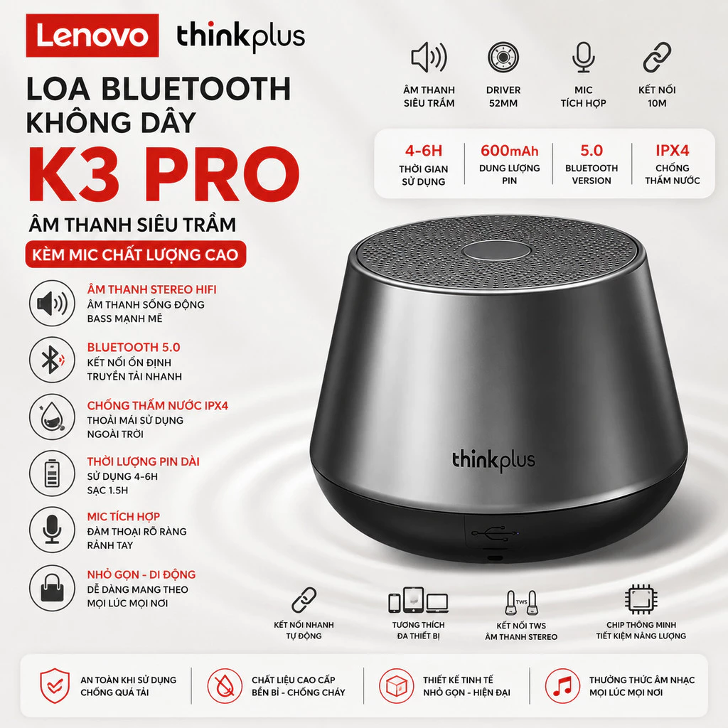 Lenovo Loa bluetooth Không Dây k3 pro Âm Thanh Siêu Trầm Kèm Mic Chất Lượng Cao