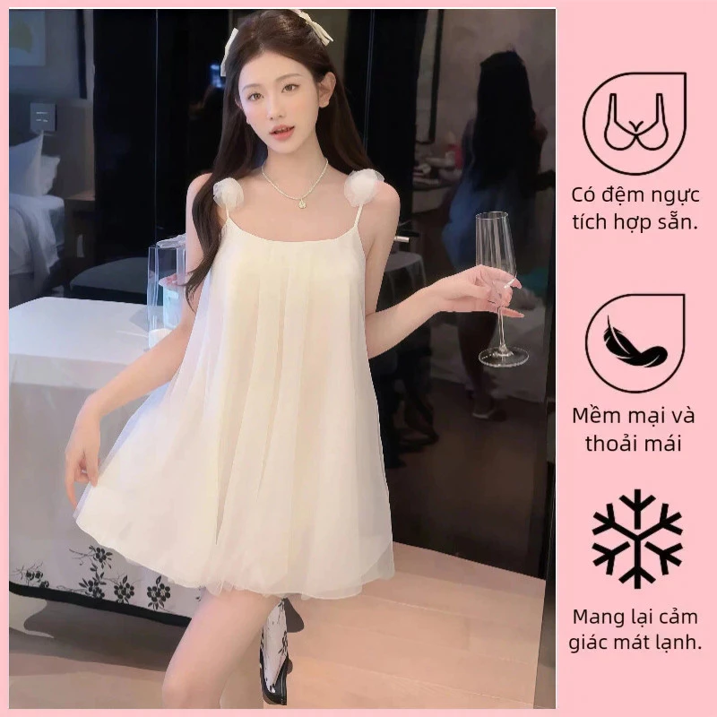 Đồ ngủ 2 dây lụa lạnh cao cấp có miếng lót ngực, ren và nơ dễ thương, mặc nhà phong cách Hàn