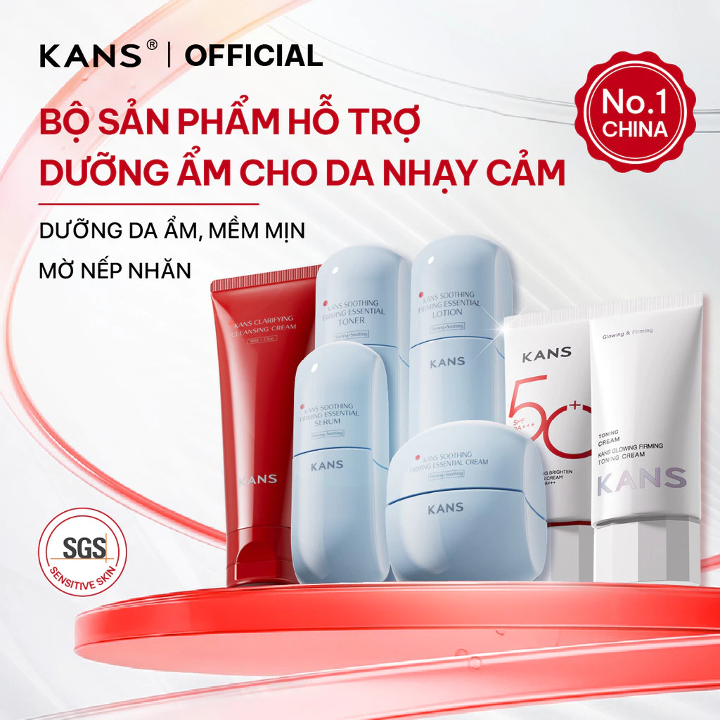 KANS Combo 7 Món Dưỡng Da Mềm Mịn Kem Chống Nắng - Sữa Rửa Mặt - Toner - Lotion - Serum - Kem Dưỡng & Kem Nâng Tông