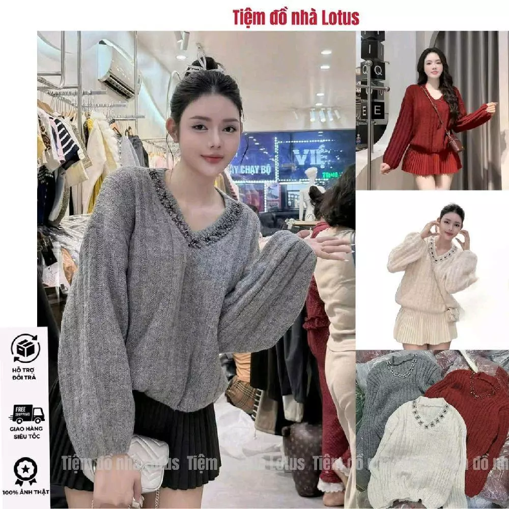 Áo Len Nữ Đính Cườm Cổ A108 - Tay Phồng Sang Chảnh Thu Hút Mọi Ánh Nhìn (Tiệm đồ nhà Lotus)