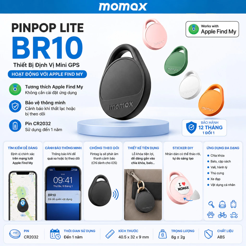 Thiết bị định vị Momax Pinpop Lite - Apple Find My Tracker | Cảnh Báo Thông Minh | Pin CR2032