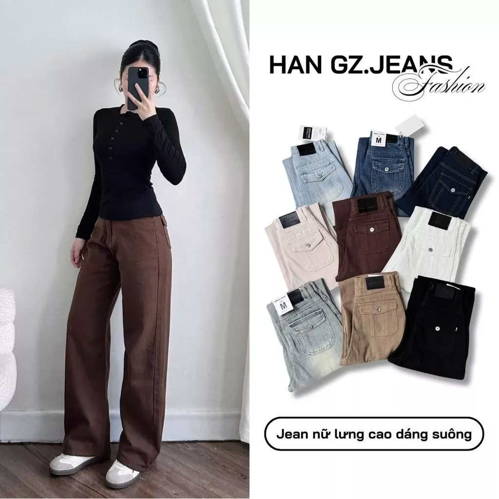 Quần Jeans Nữ HAN.Gz Lưng Cao Ống Rộng Túi Hộp Có Nắp Phía Sau R086 Kiểu Dáng Hàn Quốc Thời Trang Năng Động
