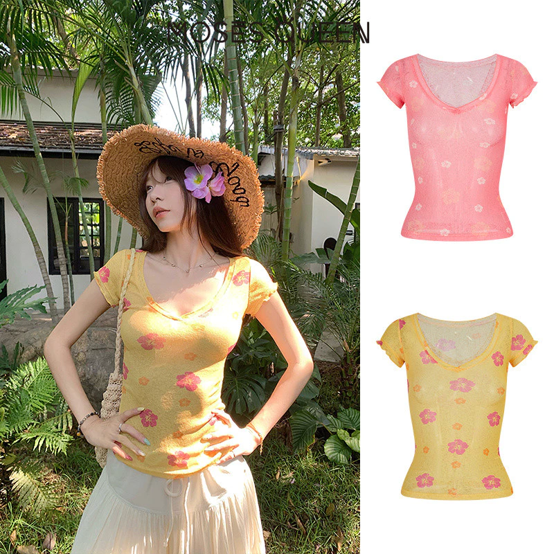 MOSESQUEEN Áo nữ hoa kỳ nghỉ nhẹ nhàng kiểu Pháp, Áo thun ngắn tay cổ chữ V họa tiết hồng #63693