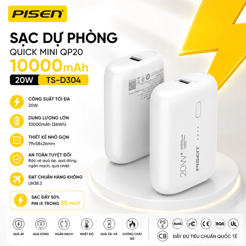 Pin dự phòng sạc nhanh Pisen TS-D304 / RavPower Alfox 20w  siêu nhỏ gọn 10000mAh - Hỗ trợ QC 3.0 và PD 3.0 20W (trắng)