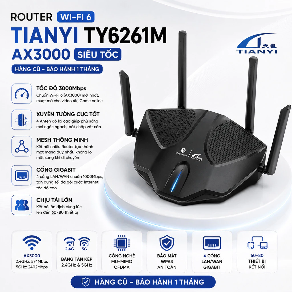 Router Wi-Fi 6 Tianyi TY6261M | Chuẩn AX3000 | Cổng Gigabit | Hỗ Trợ Mesh Thông Minh