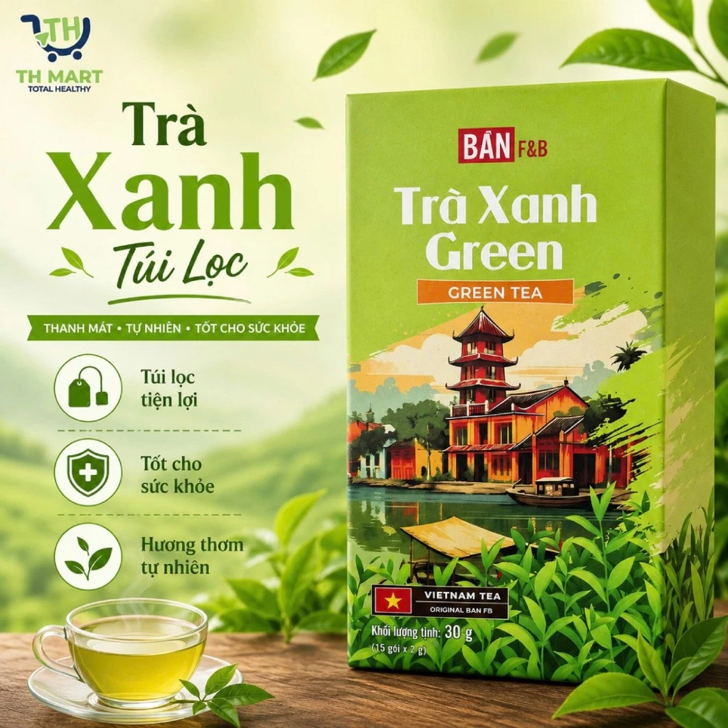 Trà Túi Lọc Xanh Green Tea Bản F&B Hộp 15 Gói Đậm Vị Trà Tự Nhiên Truyền Thống Việt Nam