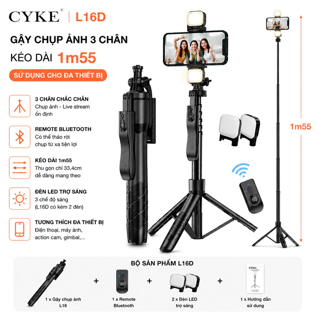 Gậy Chụp Ảnh 3 Chân CYKE L16D Kéo Dài 1m55 - Sử Dụng Cho Đa Thiết Bị