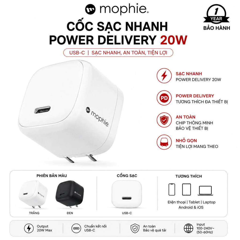 [ 20W / 30W ] Cốc sạc nhanh Mophie Power Delivery 20W  / Cốc sạc GaN 30 W có MFI ( có bán lẻ củ sạc và dây sạc )