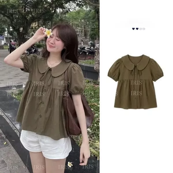 Áo Babydoll Cúc Nâu Vintage Thắt Nơ Xinh Xắn, Áo Sơ Mi Cổ Sen Tiểu Dịu Dàng Thư Phong Cách Hàn Quốc Hot Trend