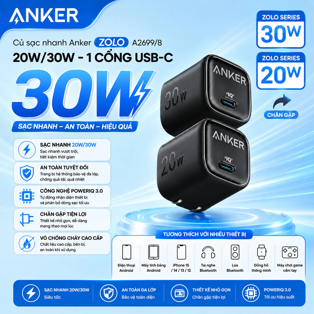 Củ sạc nhanh Anker Zolo GaN 20W/ 30W | 1 cổng USB-C | Sạc nhanh Power IQ 3.0 | Chân gập gấp gọn tiện lợi - A2699