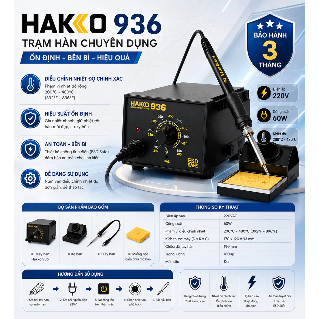 Mỏ Hàn Thiếc, Trạm Hàn Hakko 936 60W 220V Hàn Linh Kiện Điện Tử